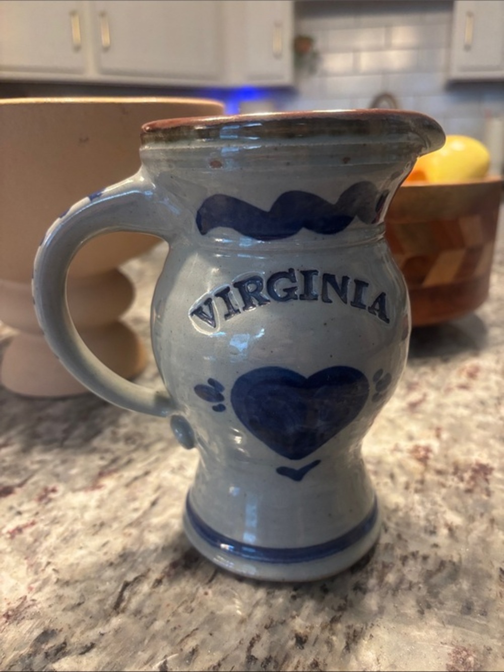 Handmade and hand painted Virginia Blue and Cream Ceramic mini Pitcher- signed